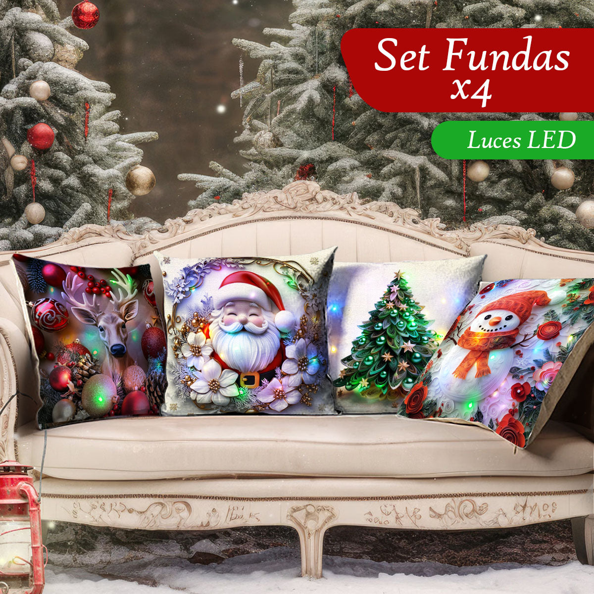 Set Fundas Navideñas x4 Con Luces